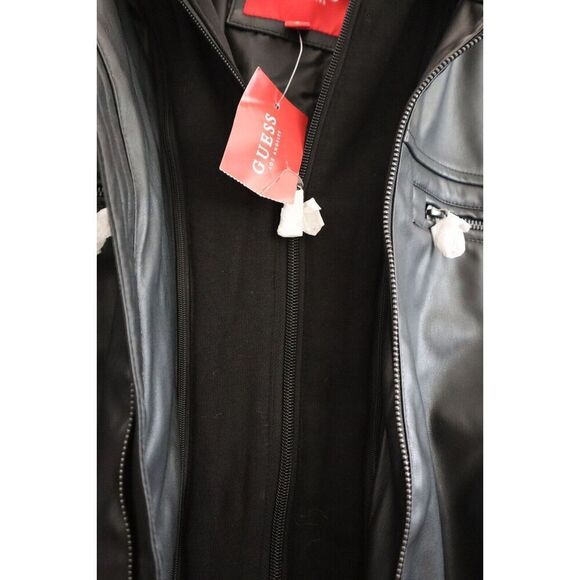 GUESS Men's Sz S Jet Black Faux-Leather Detachable-Hood Motorcycle Jacket - Picture 5 of 13